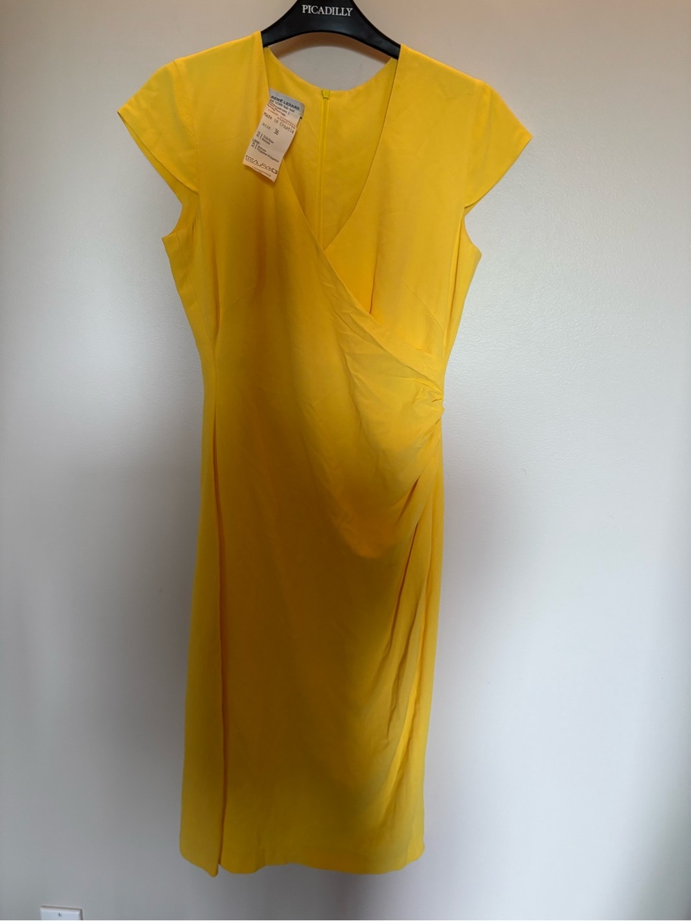 Rene Lezard 55% Silk Bright Yellow Faux-Wrap Midi Dress